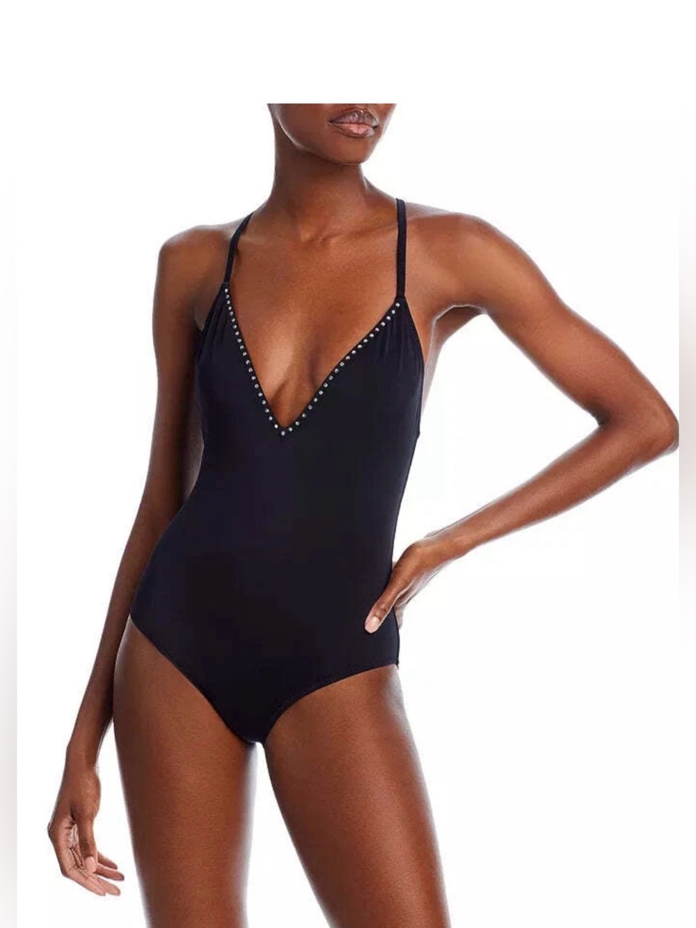 AQUA Swim Bloomingdale’s Black Studded V-Neck One Piece Swimsuit Size S NWT